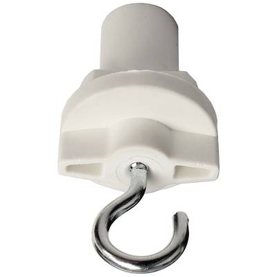 Crochet de plafond blanc en plastique avec un crochet métallique à l'extrémité, adapté pour suspendre des objets au plafond.