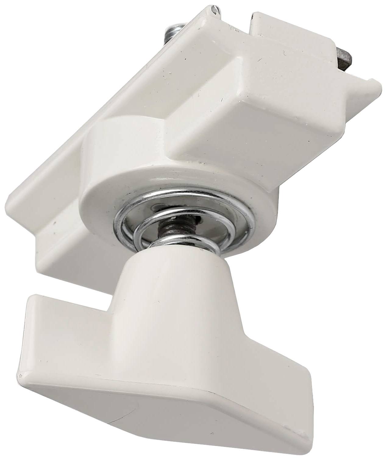 Bouton de porte blanc en métal au design carré, adapté aux meubles ou aux portes, dans un style moderne. Fixation par vis apparente.