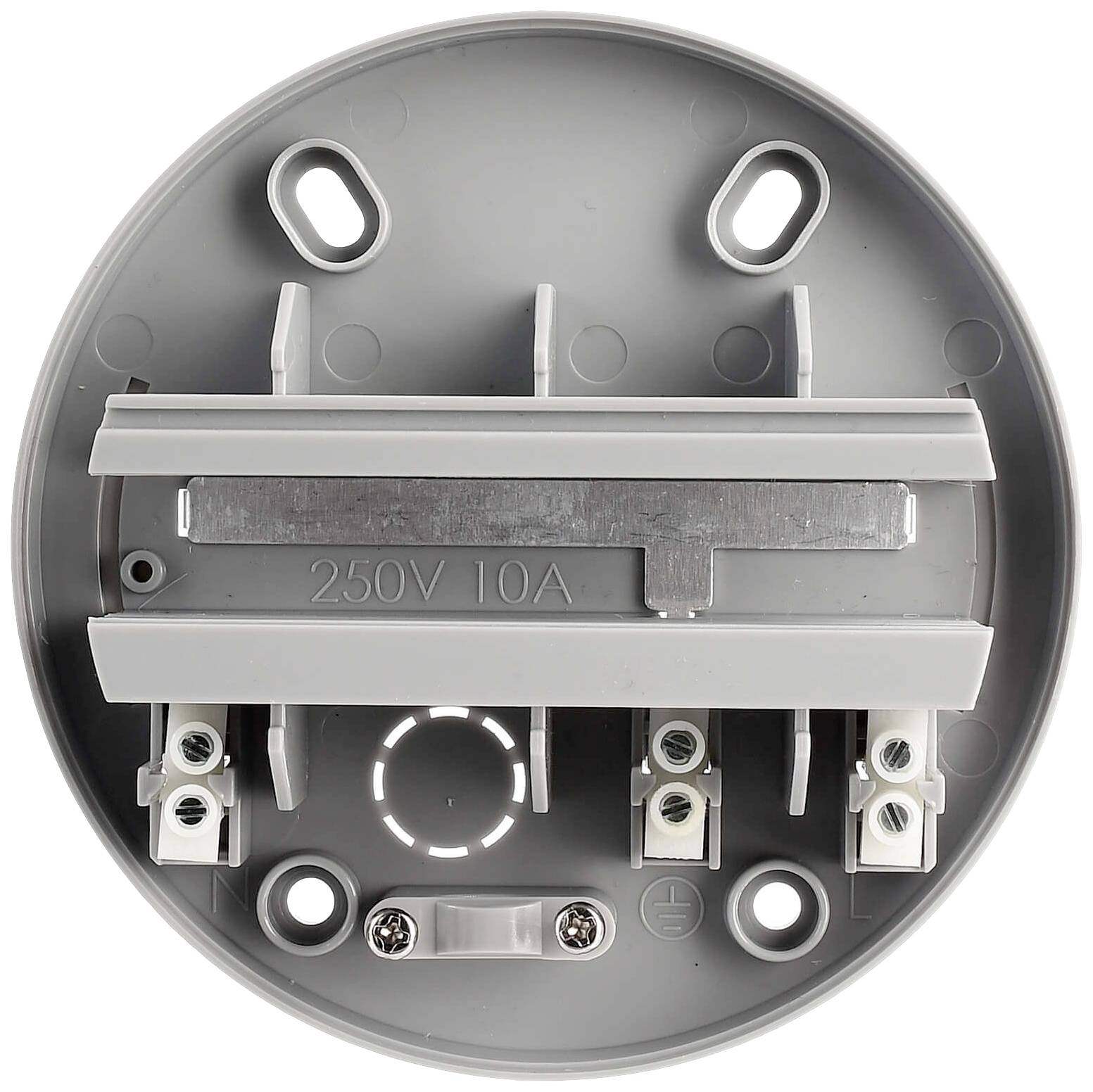 Plaque de montage ronde grise avec connexions et inscription '250V 10A', prévue pour l'installation d'appareils électriques.