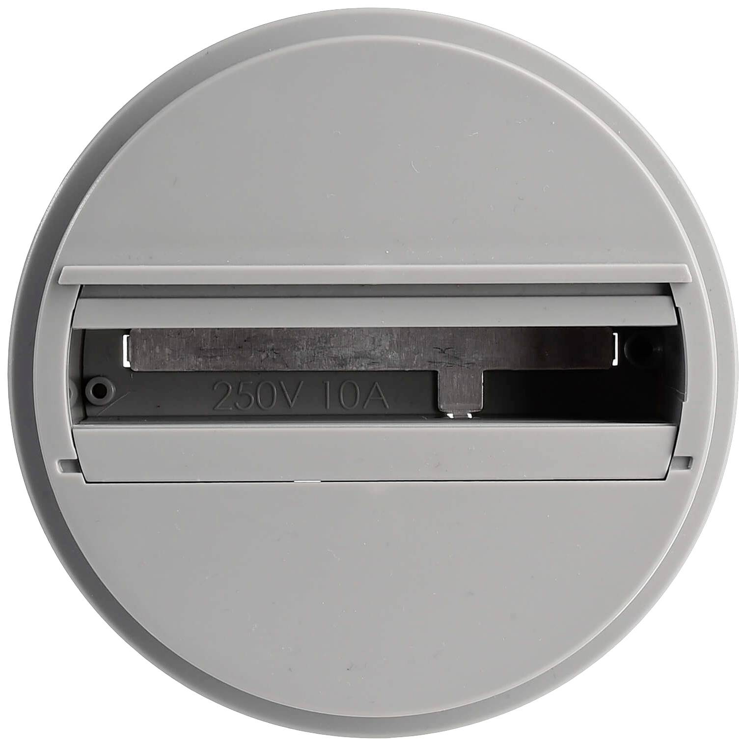 Interrupteur rond gris pour adaptateur, avec inscription gravée '250V 10A'.