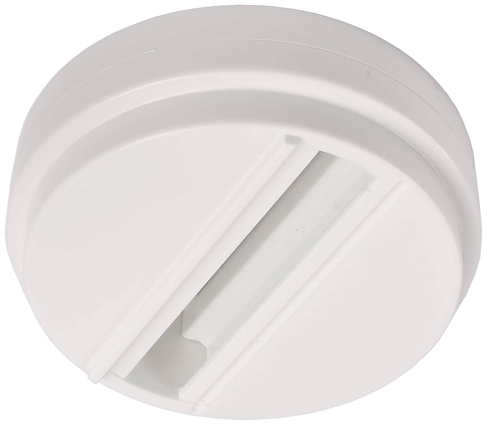 Un détecteur de fumée blanc, rond, à surface lisse, avec une dépression centrale et une ouverture en fente qui transmet un design moderne.