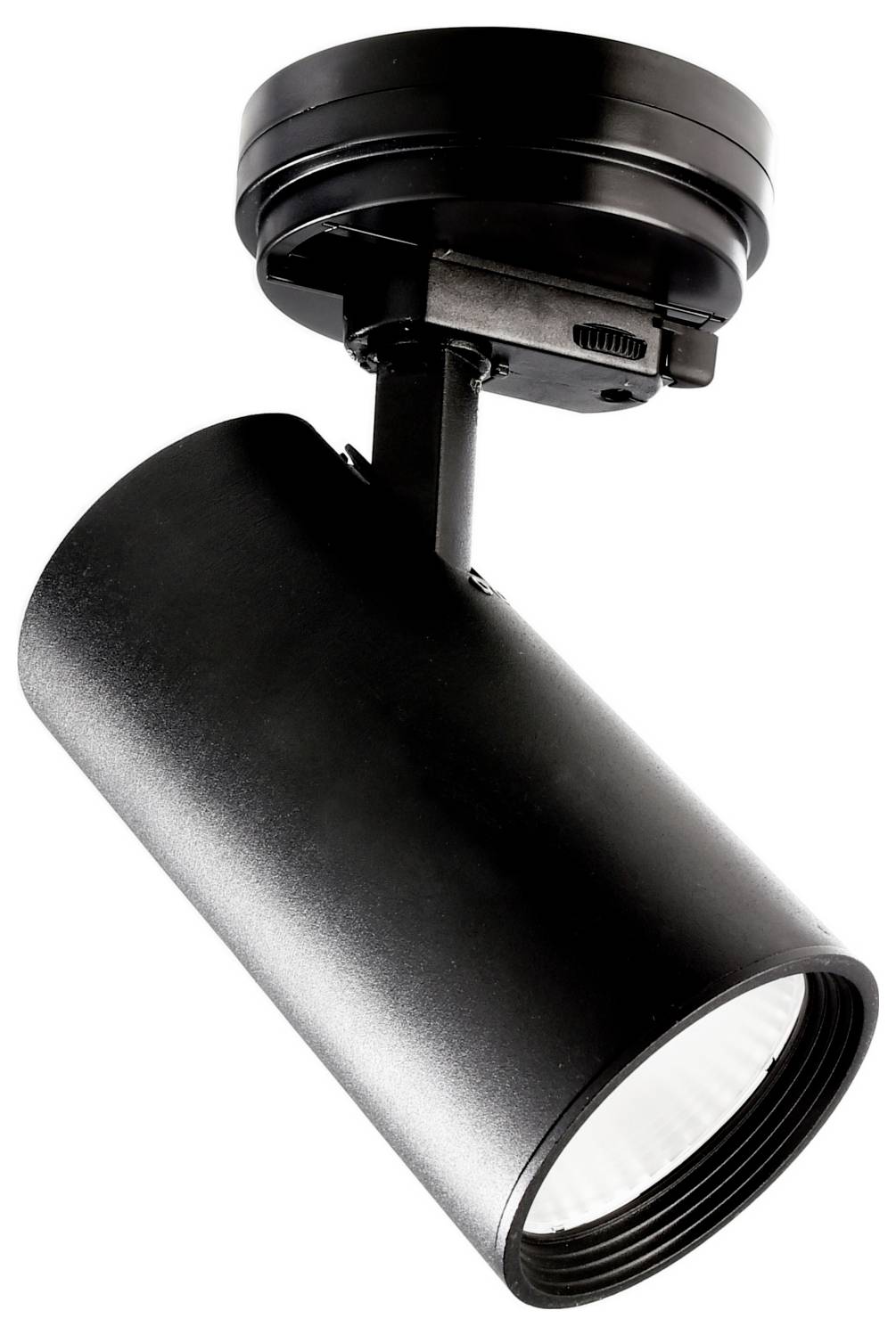 Spot cylindrique noir sur rail d'éclairage, sur une base de fixation, orienté vers le bas sur fond blanc.