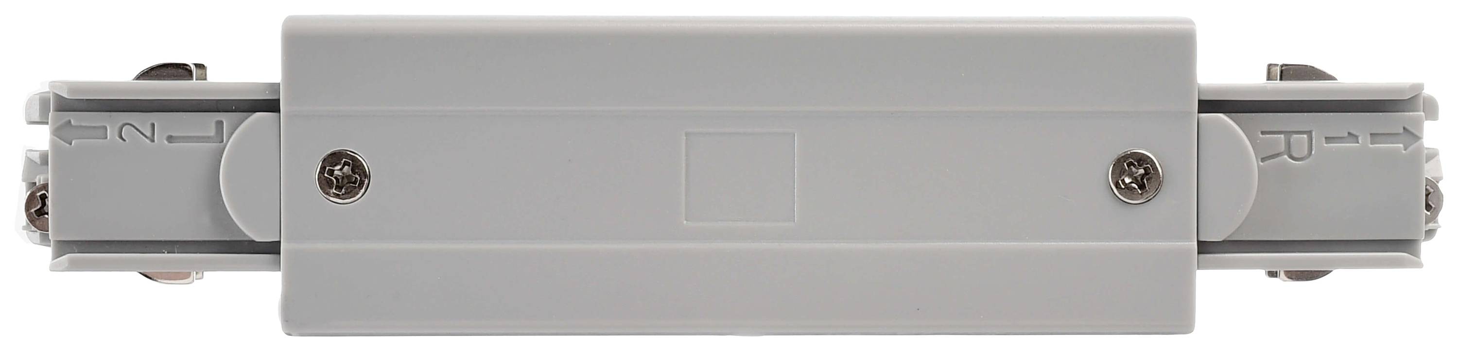 Une pièce de connexion électrique grise avec deux vis visibles, utilisée pour raccorder des systèmes de rails électriques.