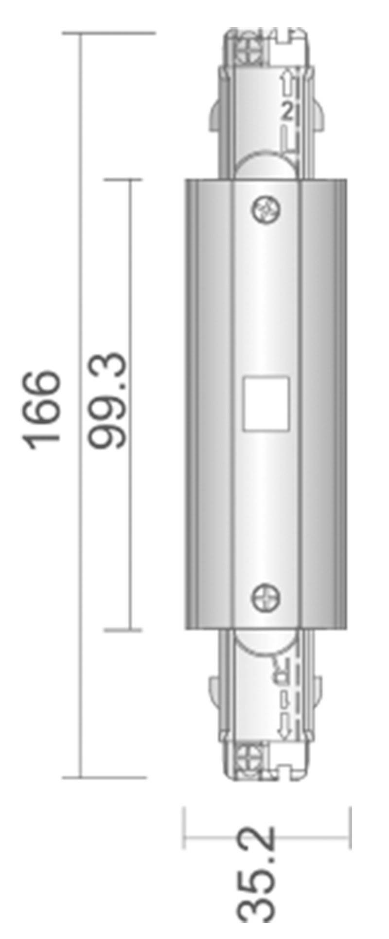 Dessin technique d'un composant électrique avec les dimensions suivantes : longueur 166 mm, largeur 35,2 mm, hauteur 99,3 mm.