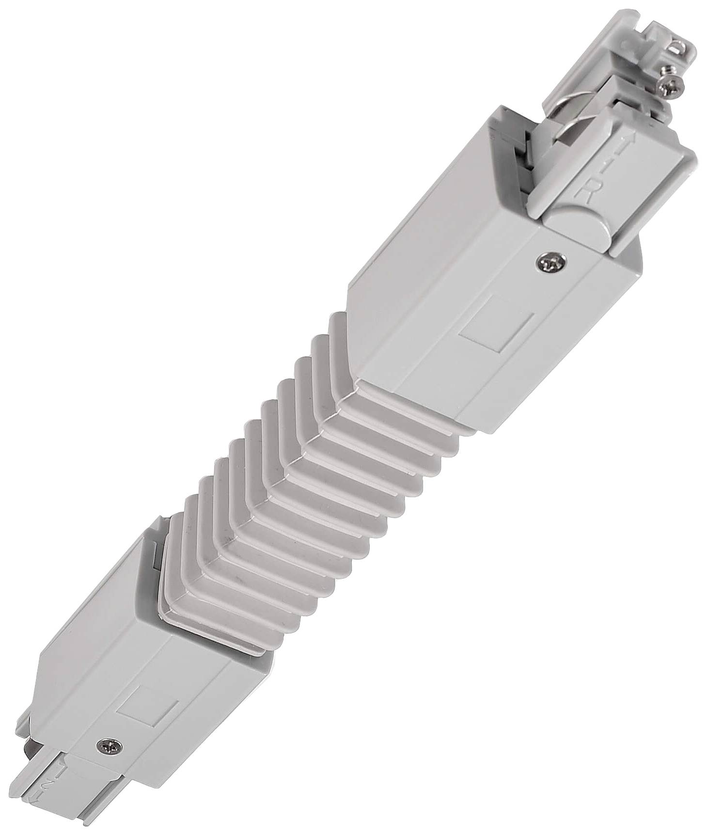 Un canal de connexion gris, flexible, avec une partie centrale cannelée et des connecteurs aux deux extrémités, utilisé pour le routage sécurisé des câbles.