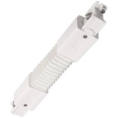 Un connecteur de câble blanc, flexible, avec une structure rainurée et des éléments métalliques, adapté pour raccorder des rails électriques selon différents angles.