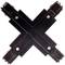 Un connecteur électrique en plastique noir, de forme cruciforme, avec des raccords métalliques, vu de dessus.