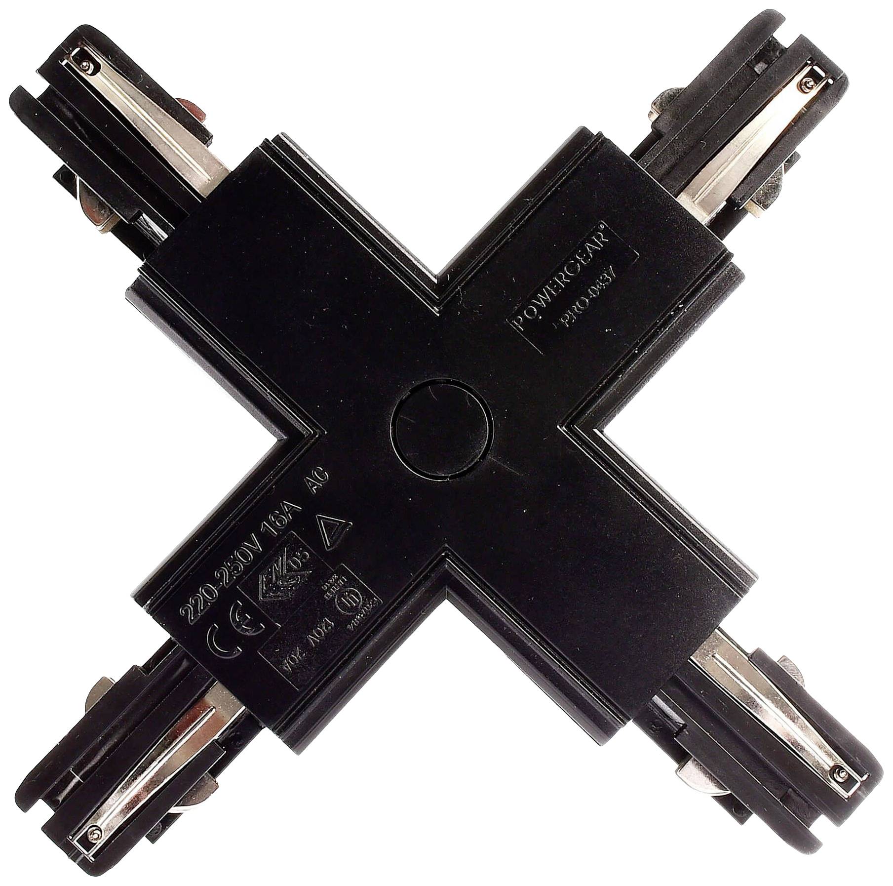 Un connecteur électrique noir en forme de croix pour l'éclairage ferroviaire, supportant 230V/16A.