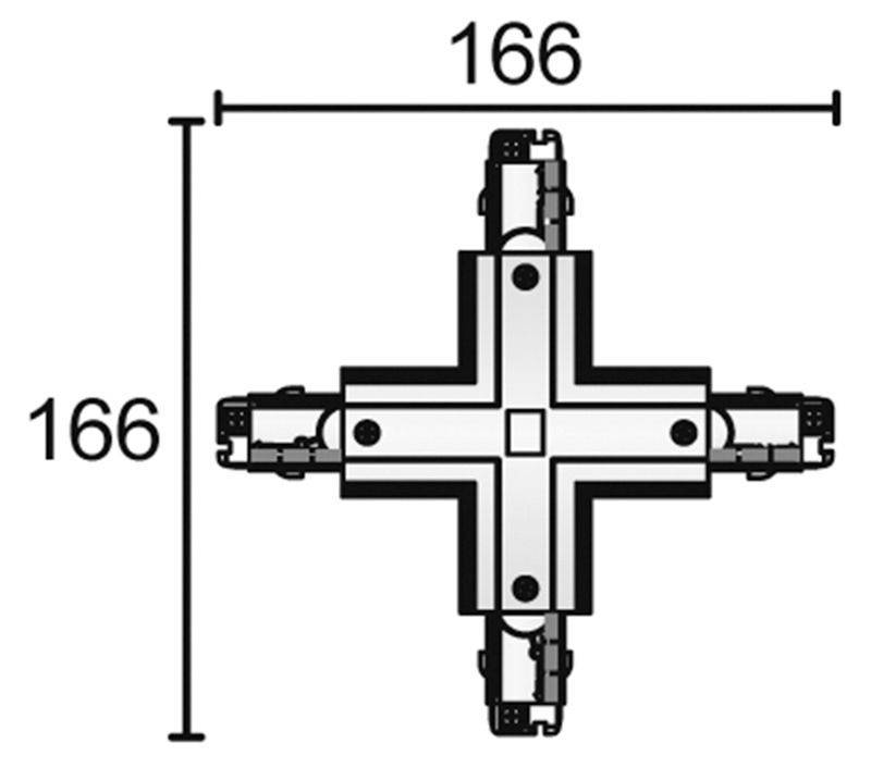 Dessin technique d'une croix avec des dimensions de 166x166. Montre quatre bras de longueur égale, disposés de manière symétrique.