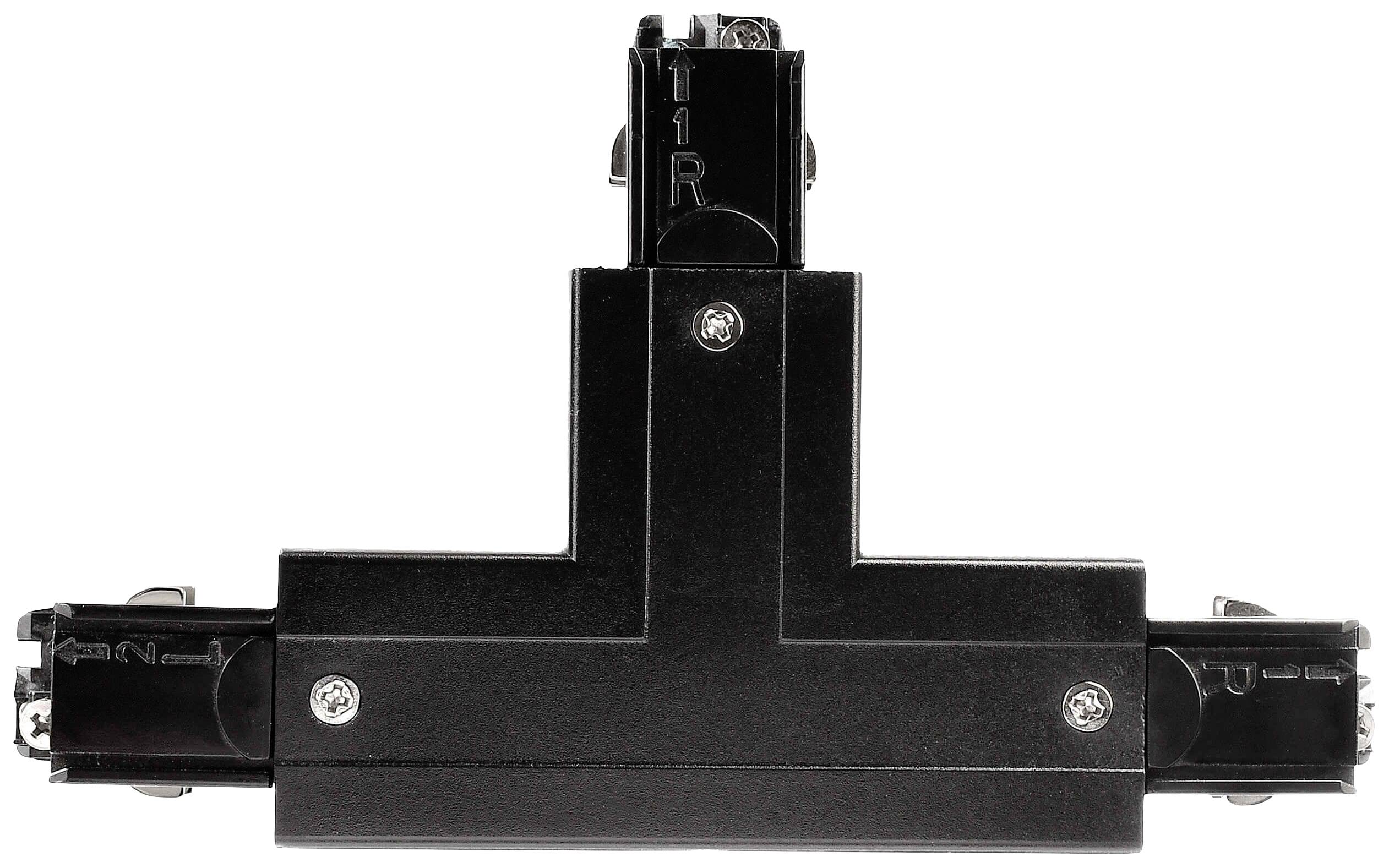 'Pièce en T noire pour système de rails, indique les connexions pour les lignes électriques aux trois extrémités.'