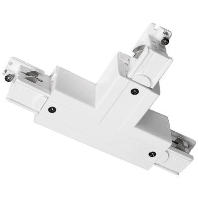Connecteur en T blanc pour un système de rail triphasé, adapté pour la connexion de plusieurs rails d'éclairage.