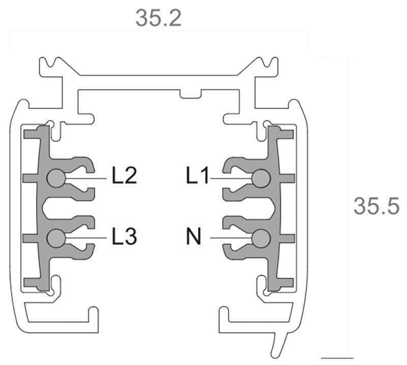 Coupe transversale d'un répartiteur électrique avec bornes marquées 'L1', 'L2', 'L3' et 'N'. Dimensions 35,2 x 35,5 mm.