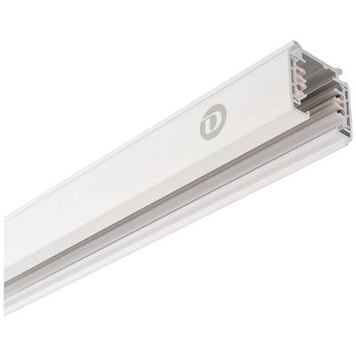 Un adaptateur de rail lumineux LED blanc avec un logo argenté sur le côté, destiné à être utilisé dans des systèmes d'éclairage.