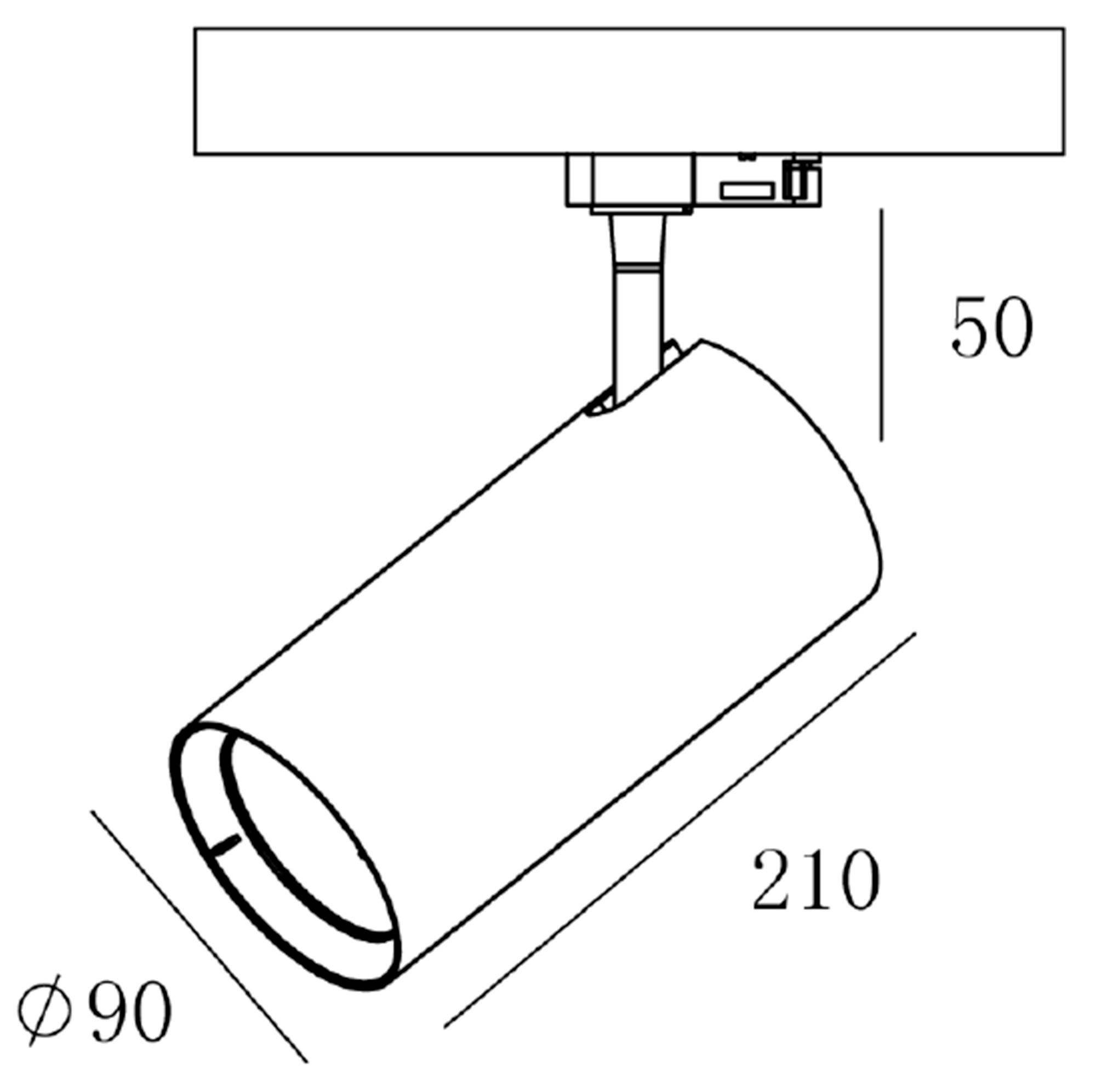 Un plafonnier cylindrique de 210 mm de long, 90 mm de diamètre, avec une hauteur de fixation de 50 mm.
