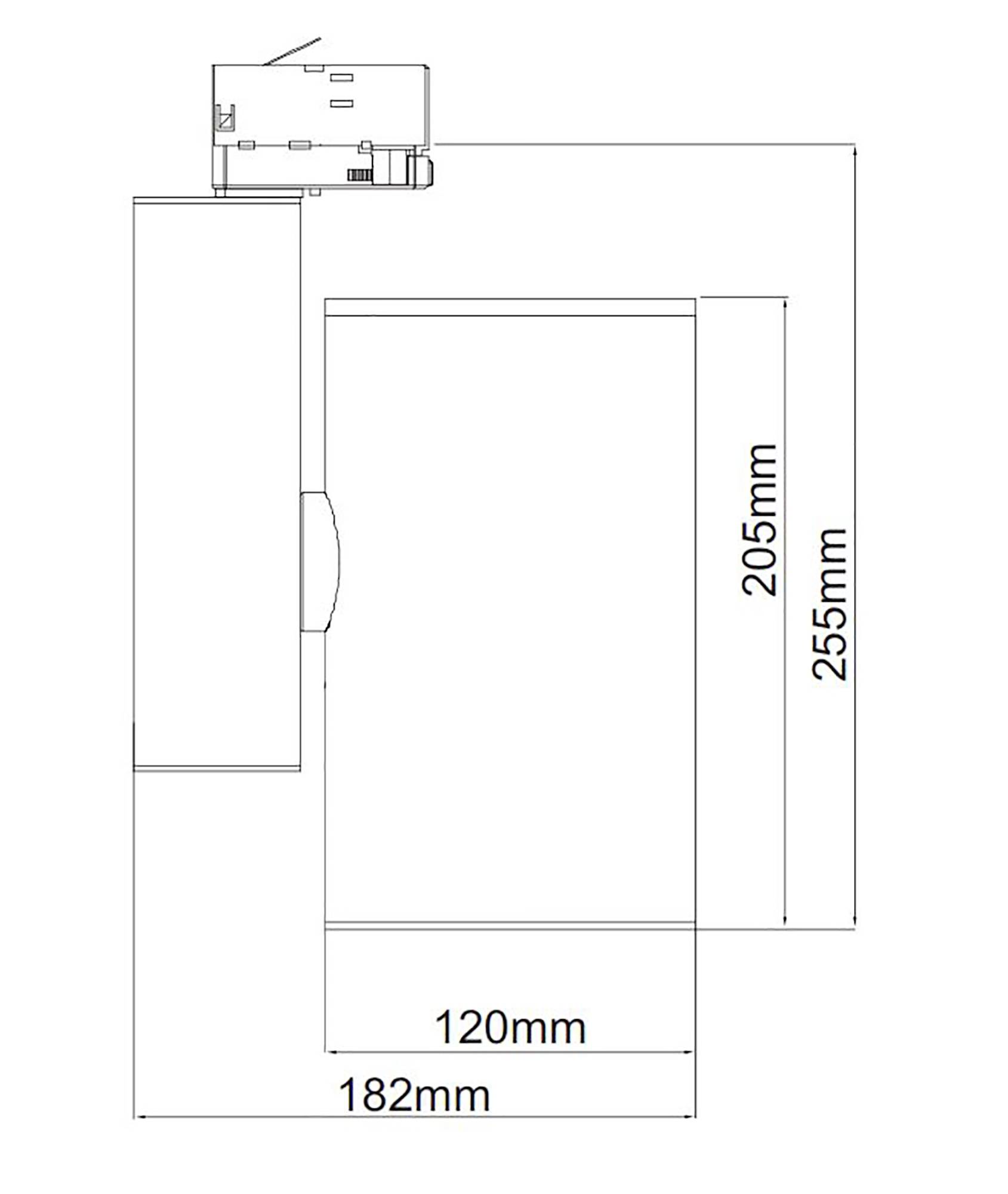 Dessin technique d'un appareil rectangulaire mesurant 205 mm de hauteur, 255 mm de largeur, et comportant une composante latérale supplémentaire de 120 mm.