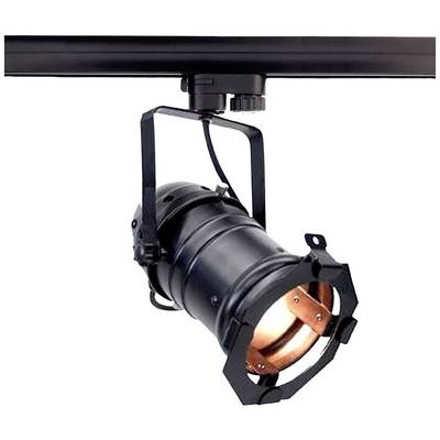 Un projecteur de scène noir fixé sur un rail, orienté vers le bas. Adapté pour une utilisation théâtrale ou scénique.