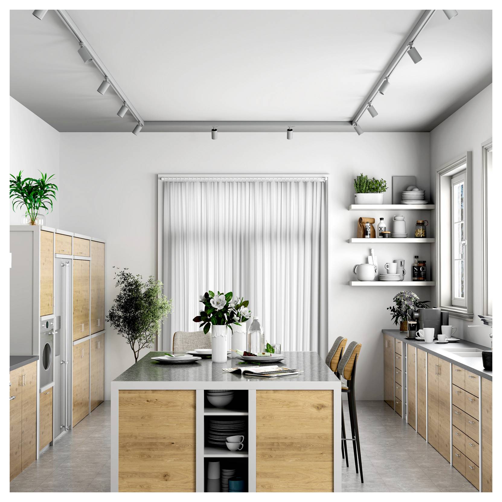 Intérieur de cuisine moderne avec îlot central, meubles en bois, étagères, tabourets de bar et grande fenêtre garnie de voilages.