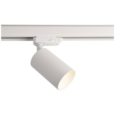 Un spot blanc est fixé sur un rail et éclaire vers le bas. Adapté pour un éclairage ciblé dans les espaces intérieurs.