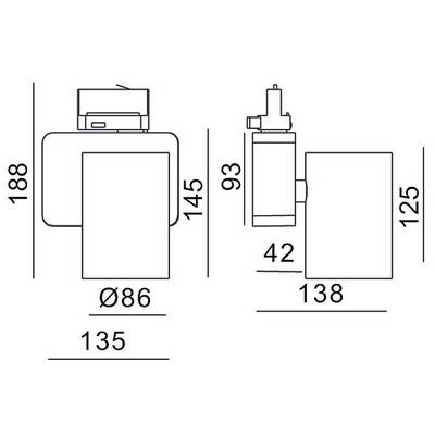Dessin technique d'un luminaire avec dimensions : largeur 135 mm, hauteur 188 mm, profondeur 138 mm, diamètre Ø86 mm.