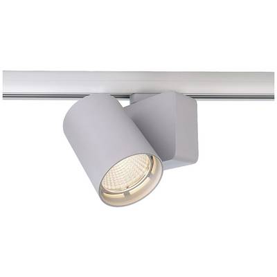Un plafonnier gris et blanc avec une lampe cylindrique et un support, monté sur une poutre métallique.