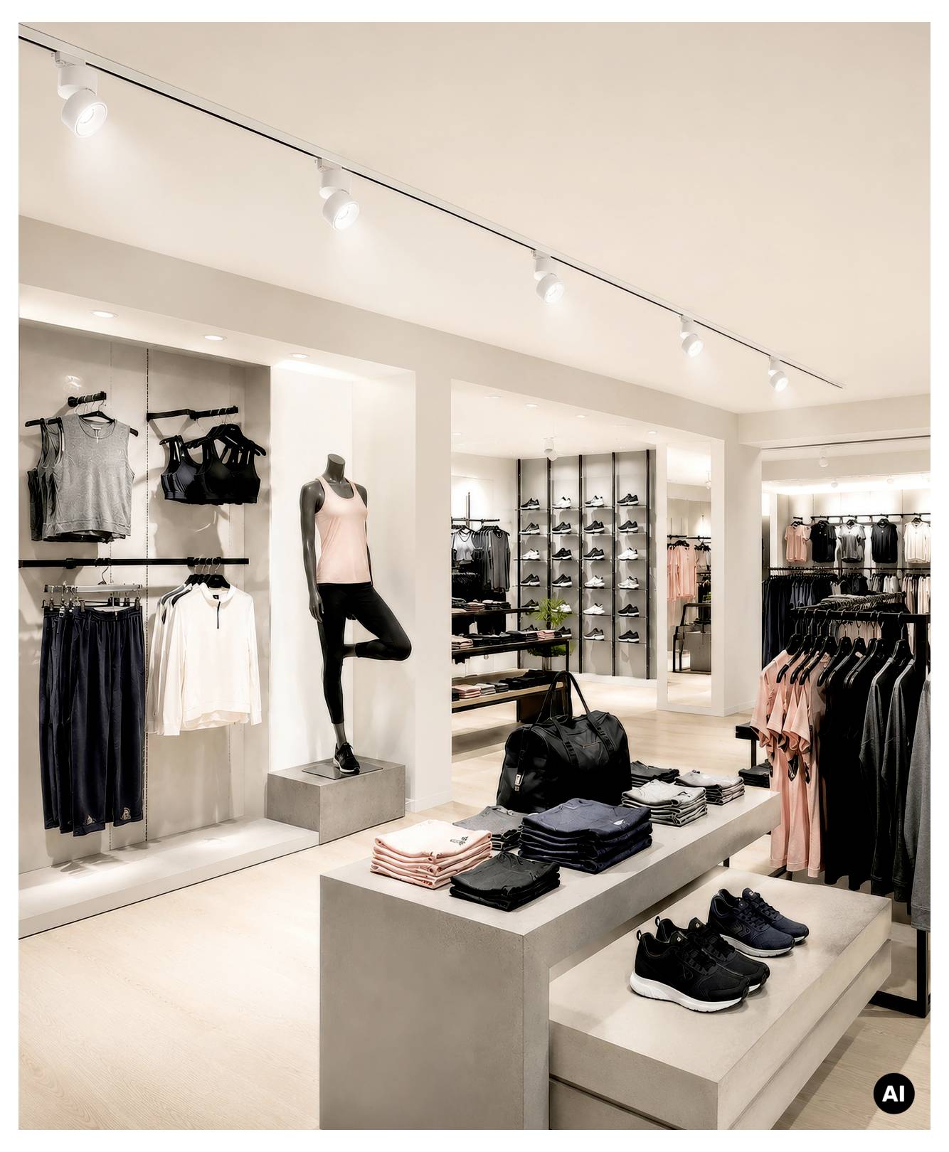 Intérieur moderne d'une boutique de vêtements avec mannequins, portants de vêtements pour femmes, chaussures et vêtements pliés exposés sous un éclairage sur rail.
