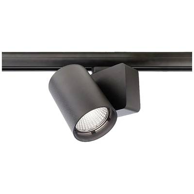 Un projecteur noir est fixé dans un système de support. La luminaire est cylindrique et dirigée vers le bas.