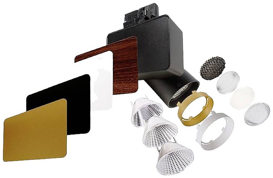 Système d'éclairage modulaire avec des déflecteurs et des lentilles amovibles dans différentes couleurs et formes pour une conception lumineuse personnalisée.