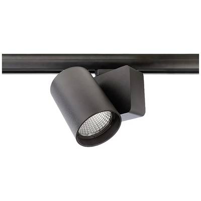 Un projecteur LED noir, cylindrique, est fixé sur un rail. Le projecteur est légèrement orienté vers le bas.