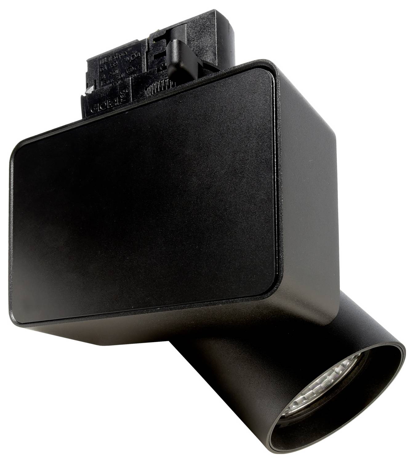 Plafonnier sur rail réglable noir avec boîtier rectangulaire et tête de spot cylindrique inclinée sur fond blanc.