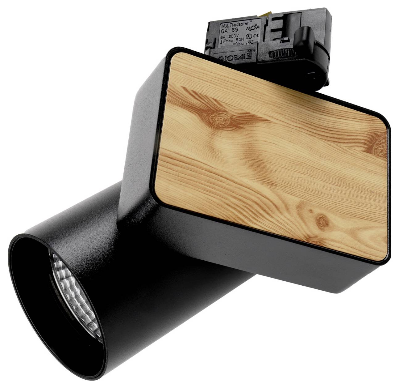 Spot cylindrique noir sur rail, avec un panneau décoratif rectangulaire en imitation bois sur le dessus.