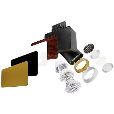 Vue éclatée d'un luminaire LED présentant divers composants interchangeables tels que des lentilles, des filtres de couleur et un cadre de montage.