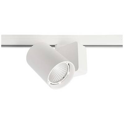 Un projecteur cylindrique blanc sur rail, adapté à l'éclairage des espaces intérieurs.