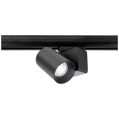 Projecteur LED cylindrique noir monté sur rail, diffusant une lumière focalisée, adapté à un design d'intérieur moderne.