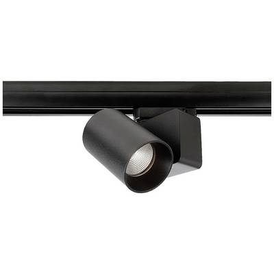 Un projecteur LED noir fixé à une corniche de plafond, dirigé vers le bas. Idéal pour un éclairage ciblé d'objets ou d'espaces.