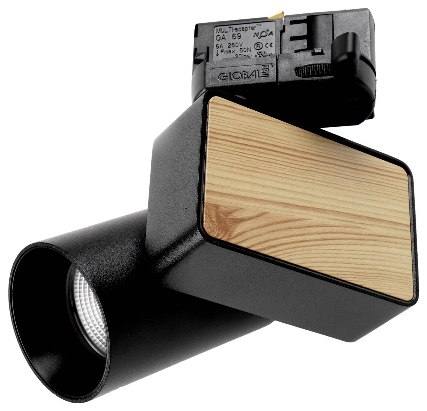 Rail d'éclairage noir avec spot cylindrique et panneau d'accent imitation bois, présenté sur fond blanc.