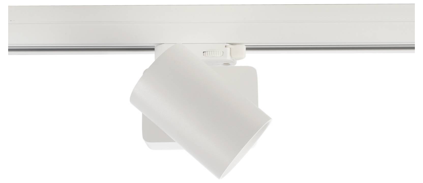 Spot à tête orientable blanc sur rail d'éclairage sur rail monté au plafond.