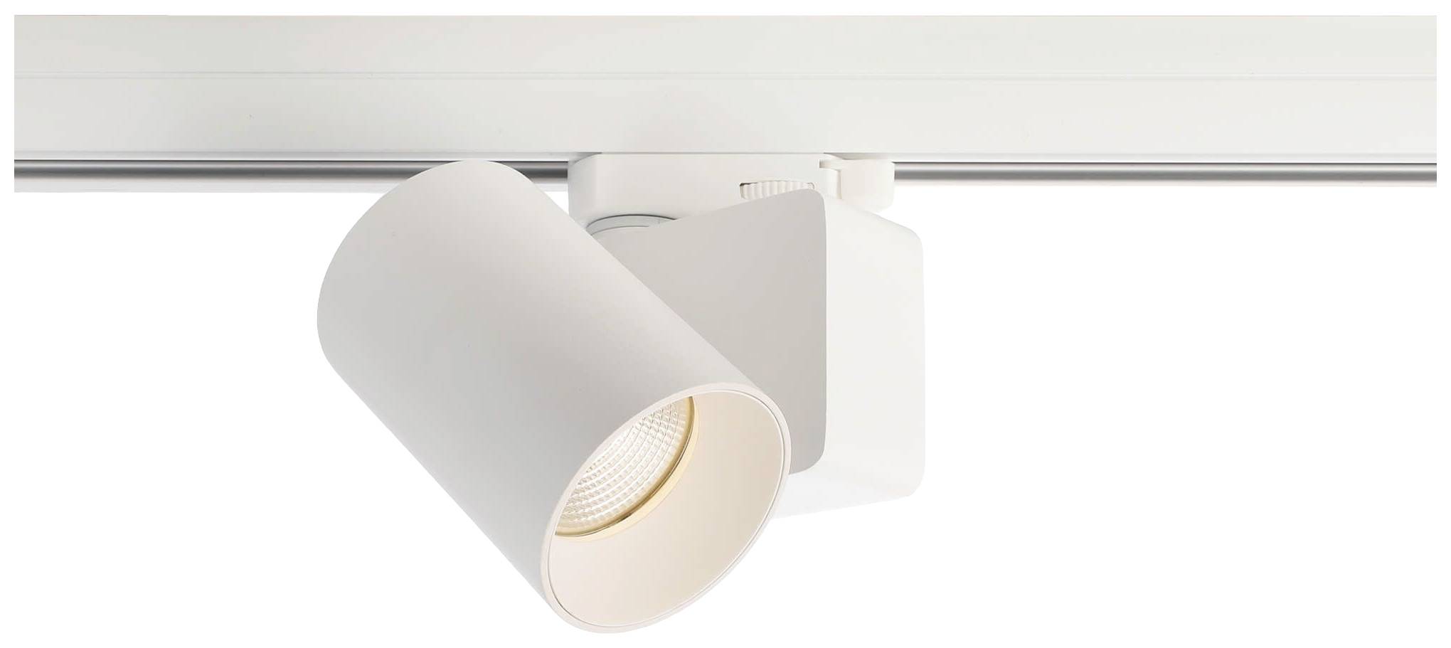 Un projecteur LED blanc cylindrique est monté sur un rail, adapté à l'éclairage ciblé dans les espaces intérieurs.
