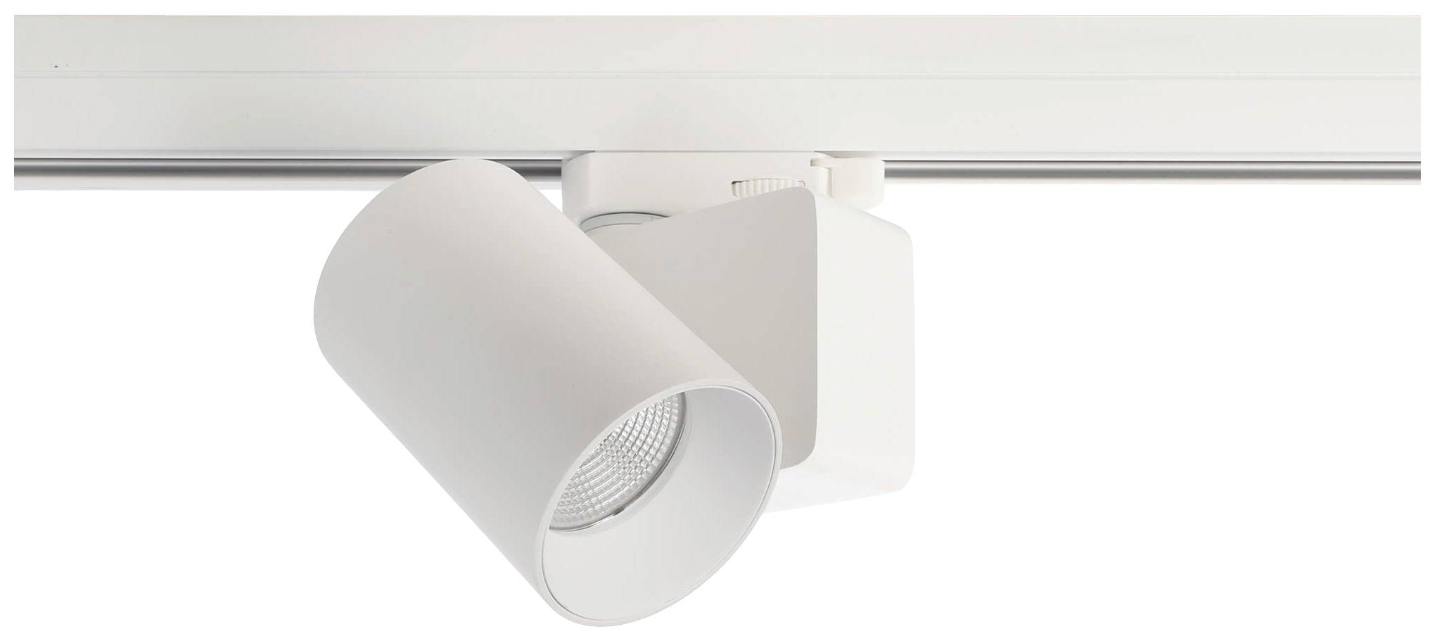 Un plafonnier blanc et moderne est monté sur un rail. Il éclaire vers le bas et peut pivoter pour illuminer différentes zones.