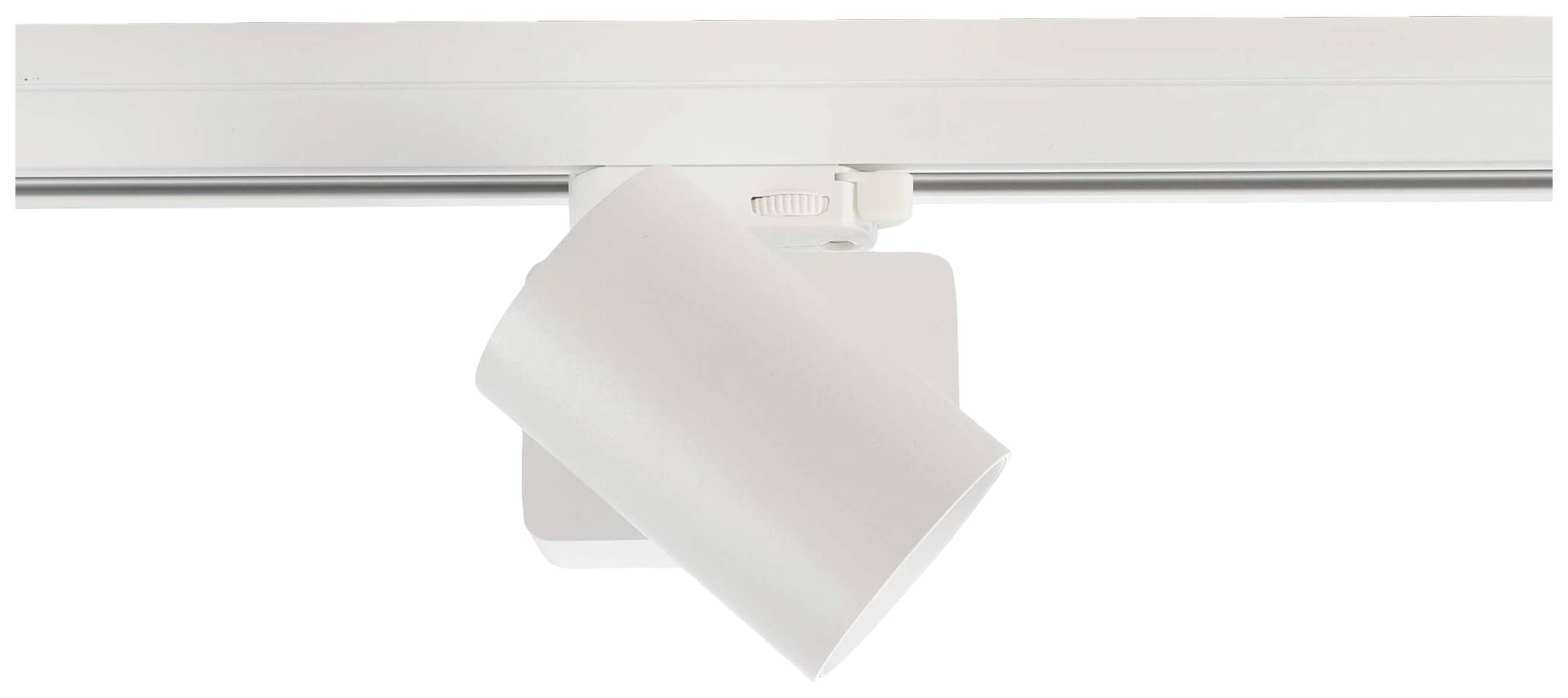 Une rail de plafond blanc avec un projecteur cylindrique réglable, destiné à l'éclairage d'une zone spécifique.