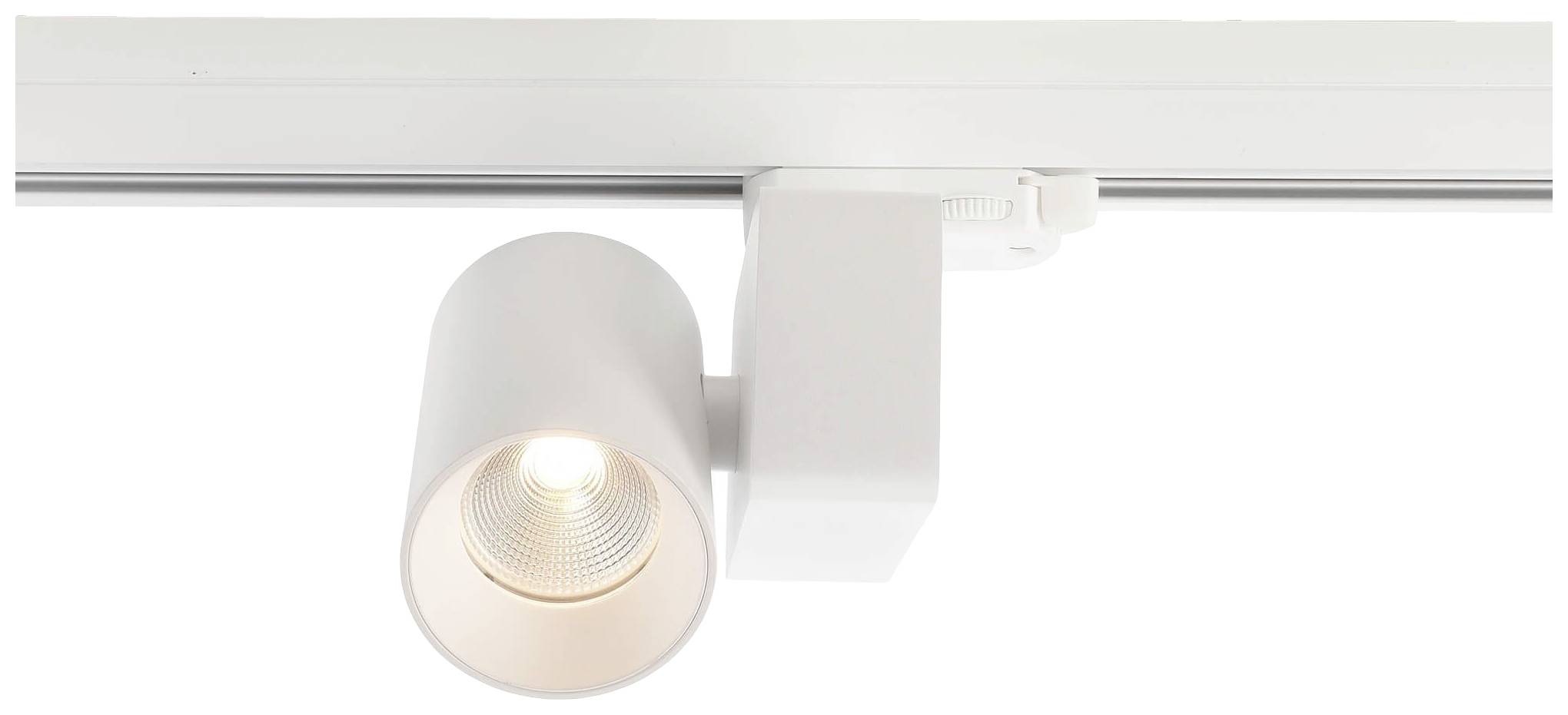 Applique plafonnière blanche à tête cylindrique, montée sur un rail. Le projecteur est conçu dans un style moderne.