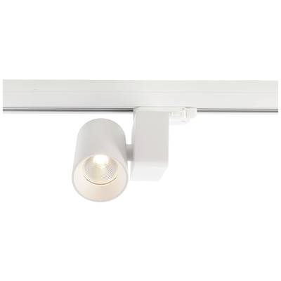 Applique plafonnière blanche à tête cylindrique, montée sur un rail. Le projecteur est conçu dans un style moderne.