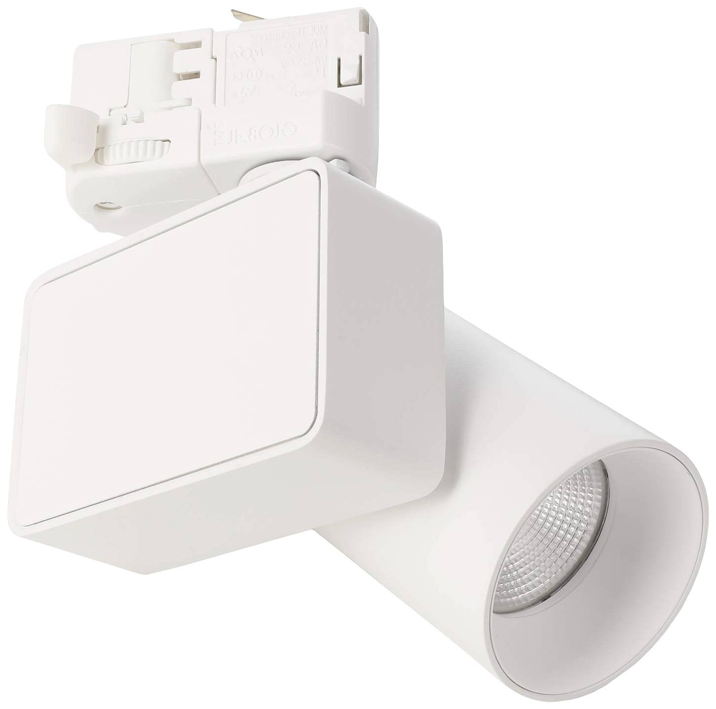 Un projecteur LED blanc moderne avec tête orientable, adapté aux systèmes de rails intérieurs, sur un fond neutre.