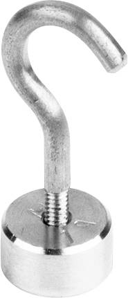 Crochet métallique avec base magnétique ronde, adapté pour suspendre des objets légers sur des surfaces métalliques à l'intérieur.