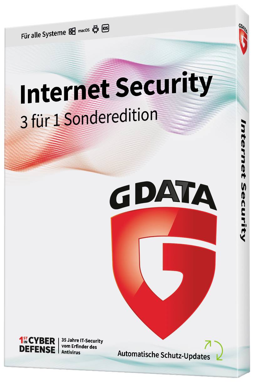 Packaging de la 'G DATA Internet Security 3-en-1 Édition Spéciale'. Met l'accent sur la sécurité, les mises à jour automatiques et la compatibilité avec tous les systèmes.