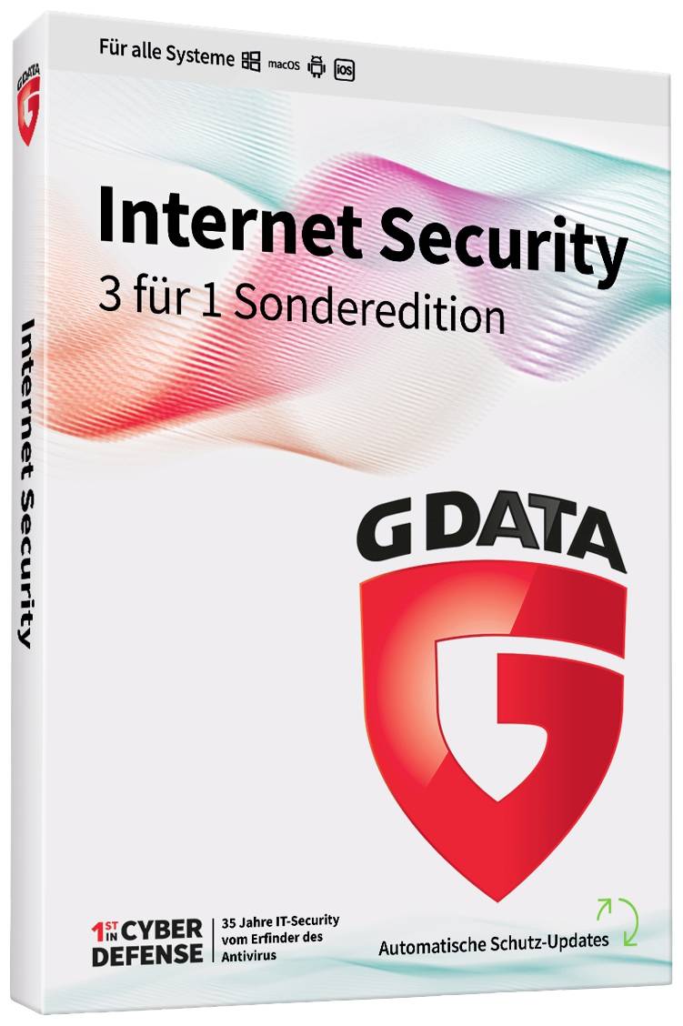 Emballage de 'G Data Internet Security 3 pour 1 Édition Spéciale' pour tous les systèmes, offrant des mises à jour de protection automatisées.