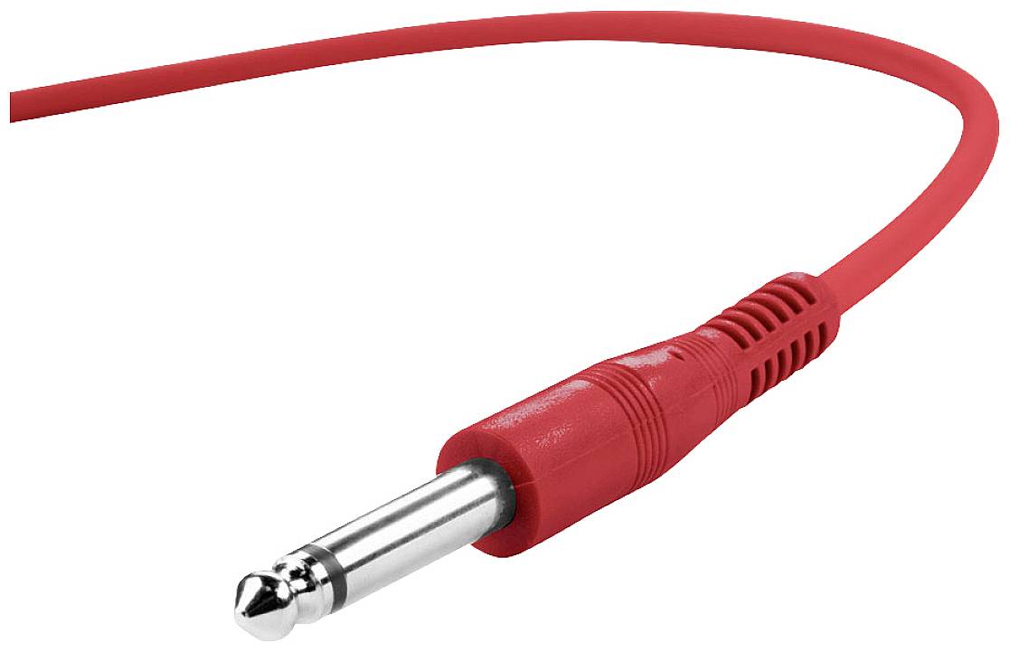 Câble audio rouge avec fiche jack 6,35 mm, utilisé pour connecter des instruments de musique ou des appareils audio.