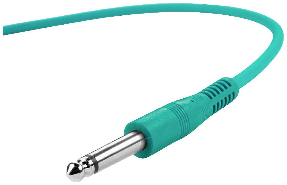 'Un câble de guitare turquoise avec une connexion jack 6,35 mm, idéal pour les instruments de musique et l'équipement audio.'