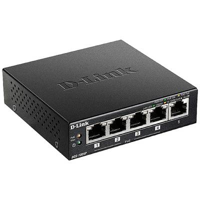 Un commutateur réseau noir D-Link avec cinq ports Ethernet, numérotés de 1 à 5. Des voyants verts et oranges sont allumés sur le côté.