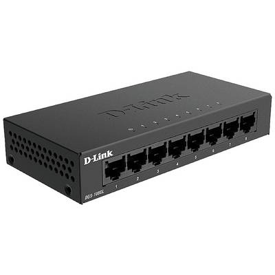 Commutateur réseau avec huit ports Ethernet, numérotés de 1 à 8. L'appareil est noir avec le logo 'D-Link' sur le dessus.