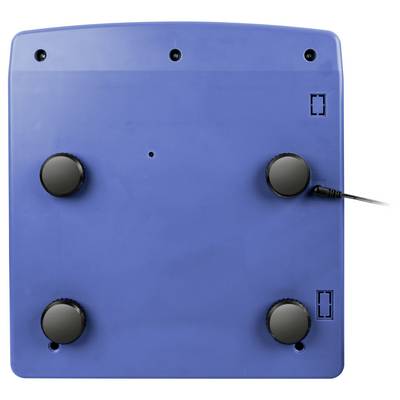 Un fond carré bleu d'un appareil avec quatre pieds en caoutchouc noir ronds, soutenu par deux symboles rectangulaires.